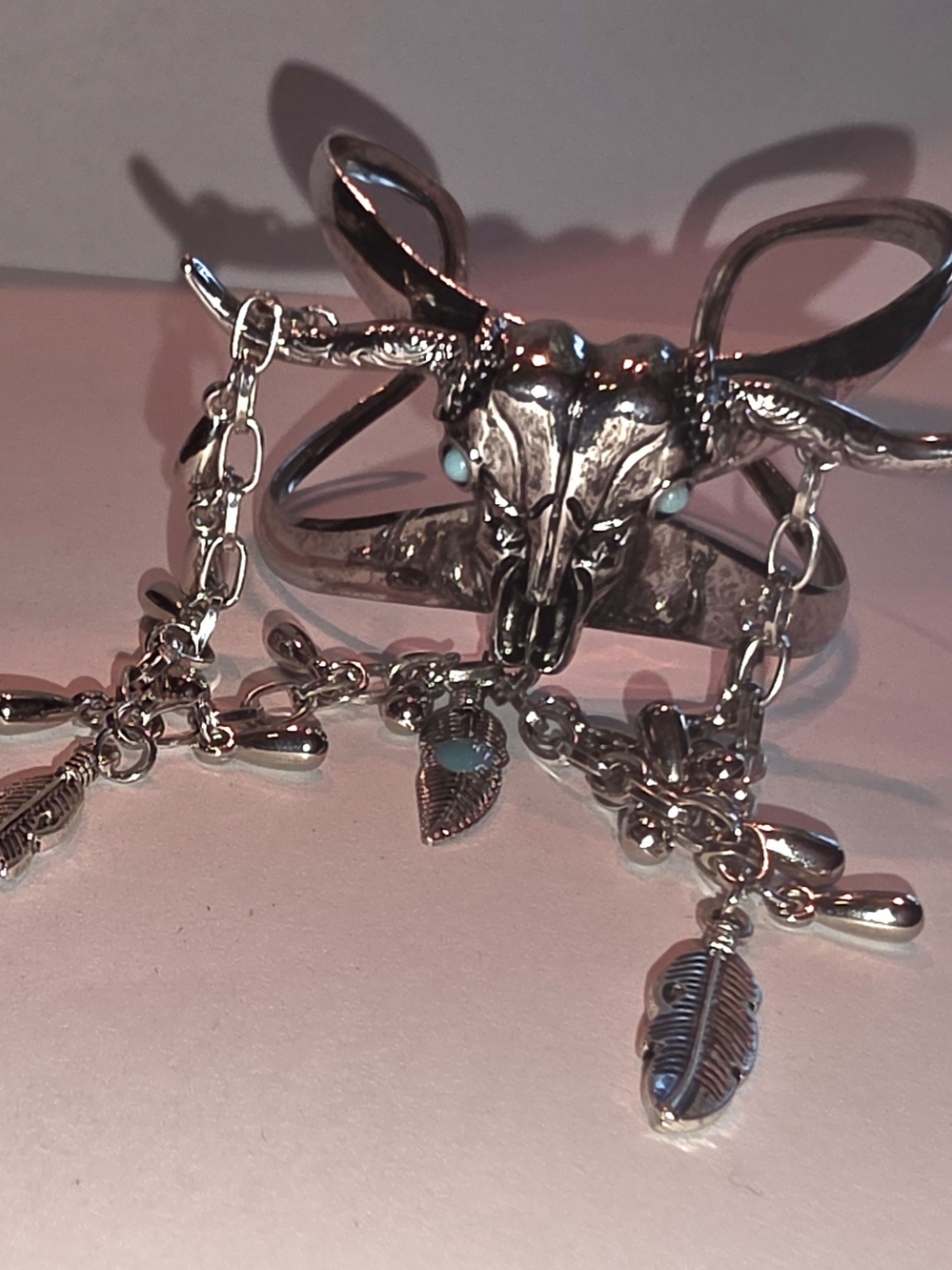 Silver-Tone Longhorn Skull Charm Bracelet with Turquoise Accents